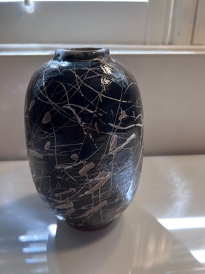 Black with White Lines Pottery Vase