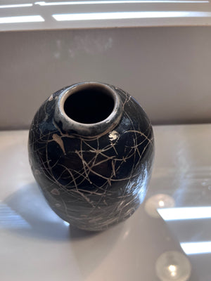 Black with White Lines Pottery Vase
