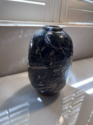 Black with White Lines Pottery Vase