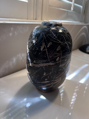 Black with White Lines Pottery Vase
