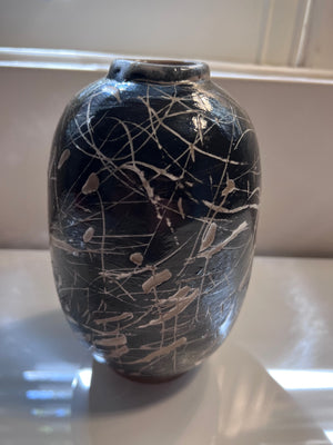 Black with White Lines Pottery Vase