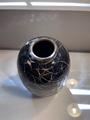 Black with White Lines Pottery Vase