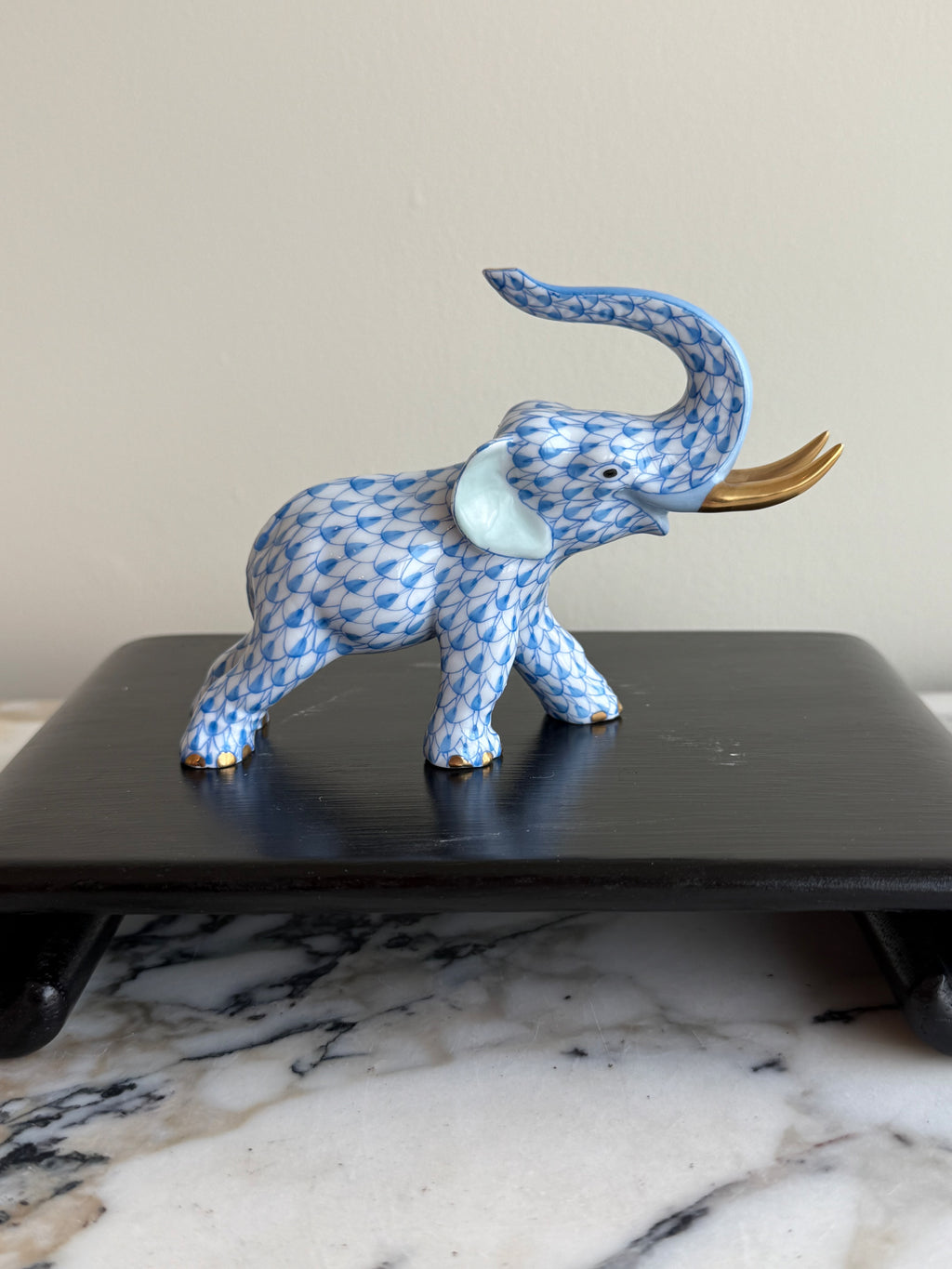 Herend Blue Fishnet Elephant Porcelain Figurine- 3.5"h
