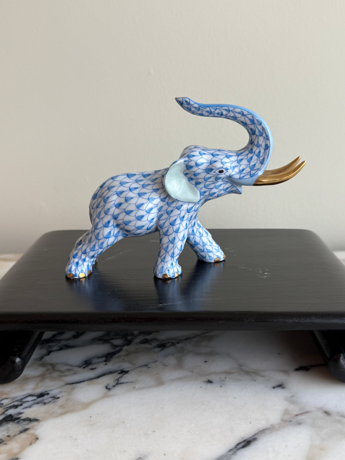 Herend Blue Fishnet Elephant Porcelain Figurine- 3.5"h