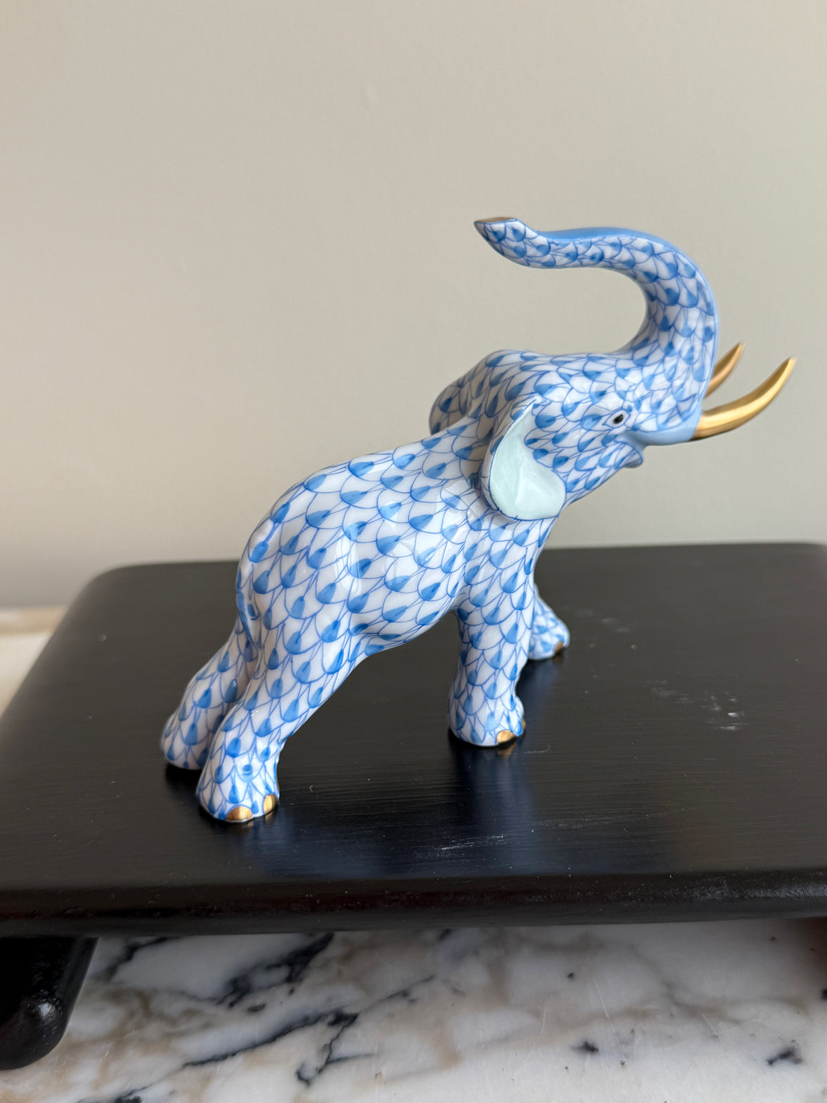 Herend Blue Fishnet Elephant Porcelain Figurine- 3.5"h