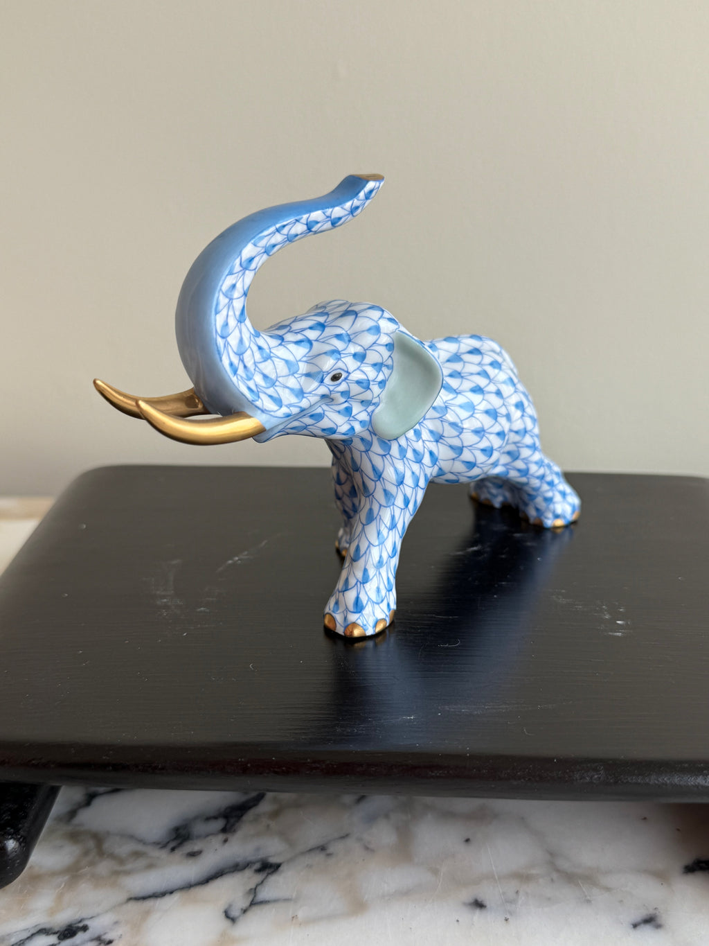 Herend Blue Fishnet Elephant Porcelain Figurine- 3.5"h