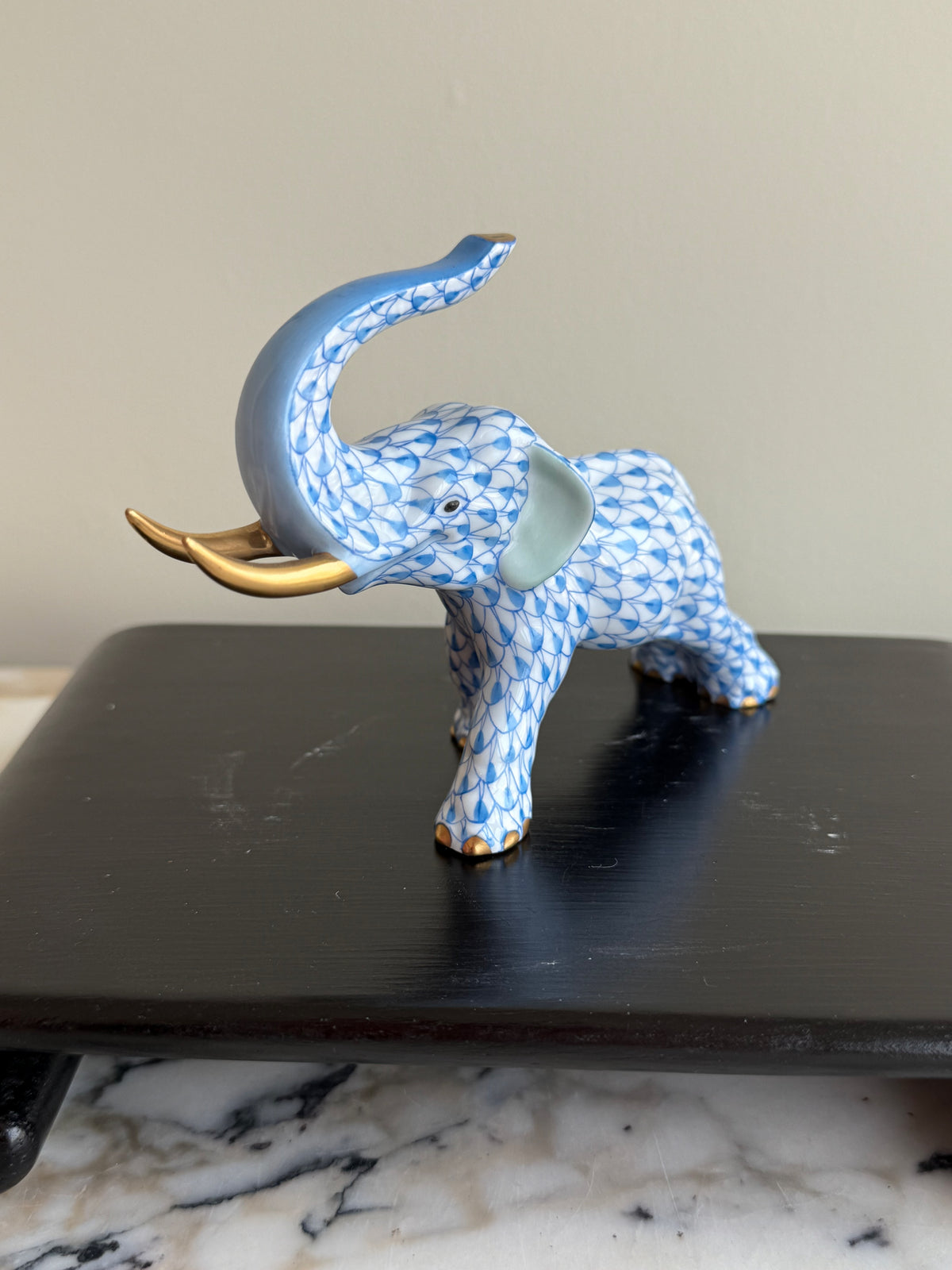 Herend Blue Fishnet Elephant Porcelain Figurine- 3.5"h
