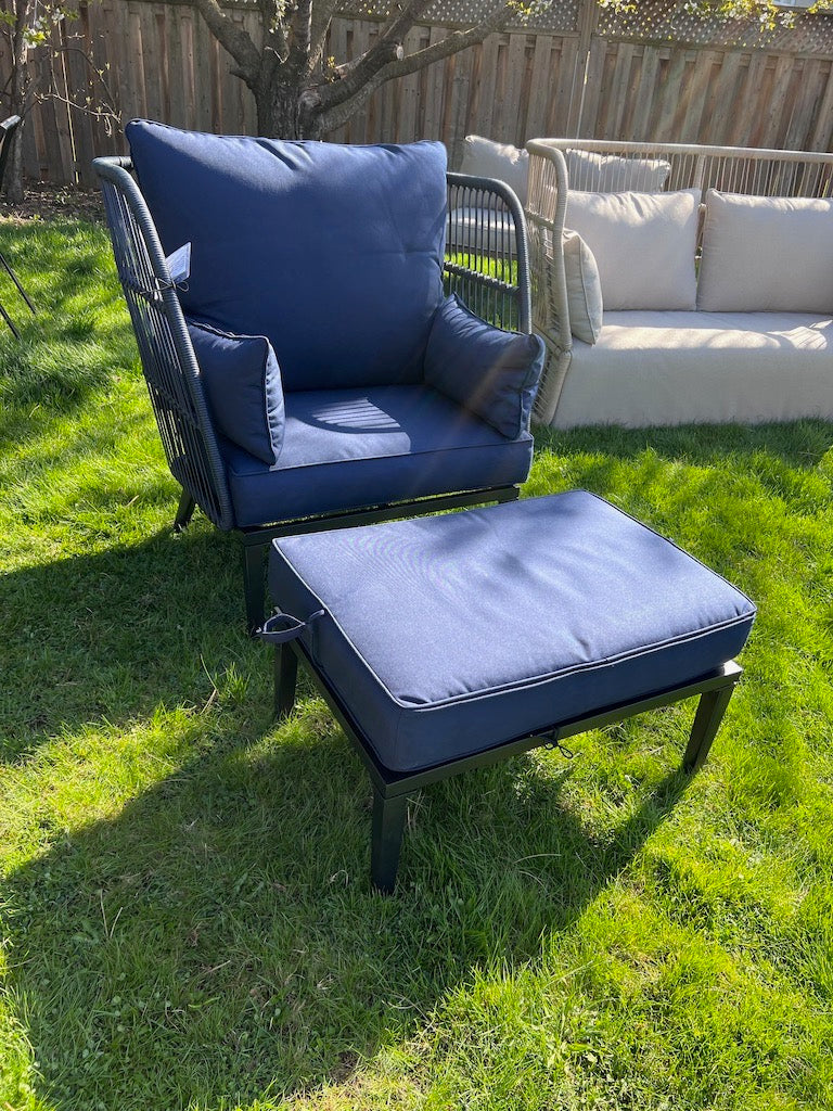 Navy Blue Wicker and Steel Large Chair and Ottoman with Olefin Fabric retail price 750