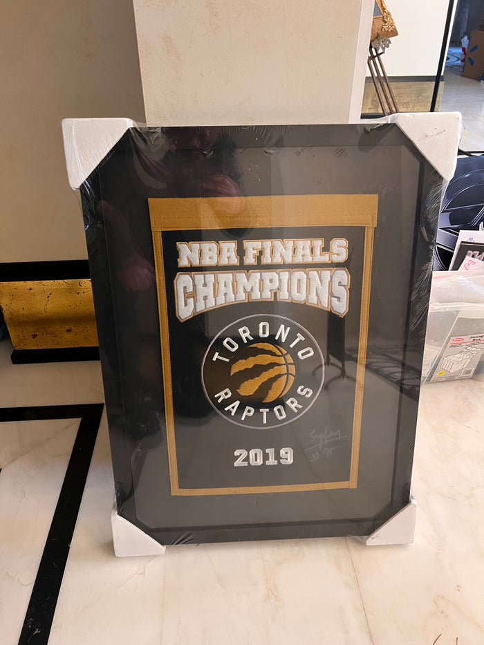 Toronto Raptors 2019 NBA Finals Champions Framed Banner Signed by Nav Bhatia SuperFan