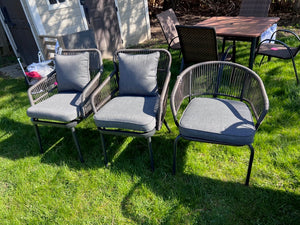 3 Miscellaneous Wicker and Steel Chairs w/Grey Cushions