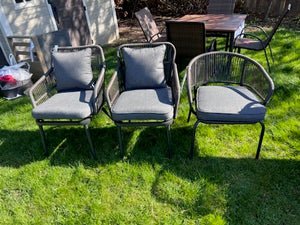 3 Miscellaneous Wicker and Steel Chairs w/Grey Cushions
