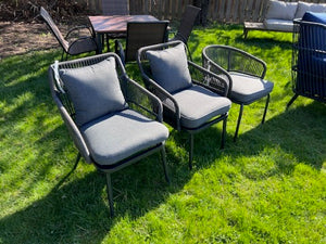 3 Miscellaneous Wicker and Steel Chairs w/Grey Cushions