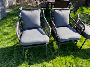 3 Miscellaneous Wicker and Steel Chairs w/Grey Cushions