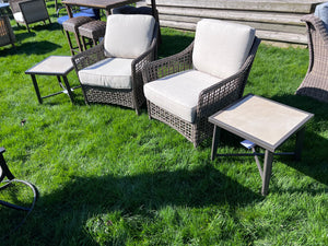 2 Wicker Armchairs + 2 Matching Steel Side Tables