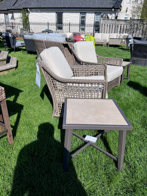 2 Wicker Armchairs + 2 Matching Steel Side Tables