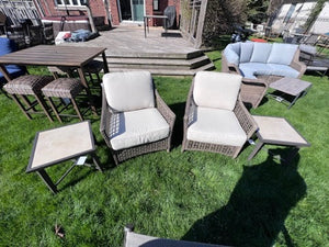 2 Wicker Armchairs + 2 Matching Steel Side Tables