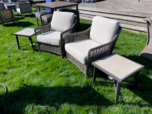 2 Wicker Armchairs + 2 Matching Steel Side Tables