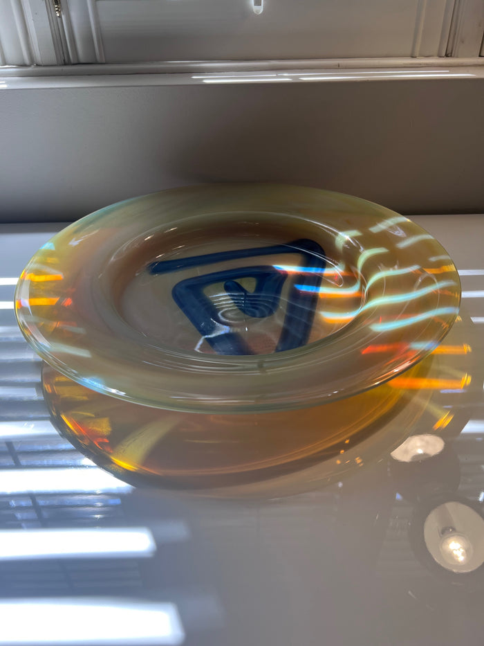 Yellow & Blue Art Glass Plate Signed, Adams