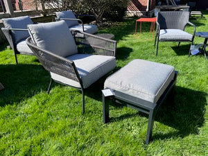 Wicker and Steel Chair + Ottoman w/Grey Cushions
