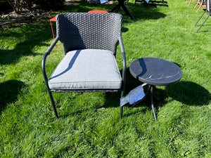 Wicker and Steel Armchair w/Grey Cushions + Side Table