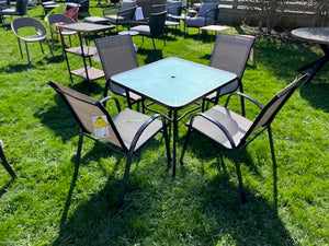 Square Glass/Steel Dining Table + 4 Stacking Sling Chairs