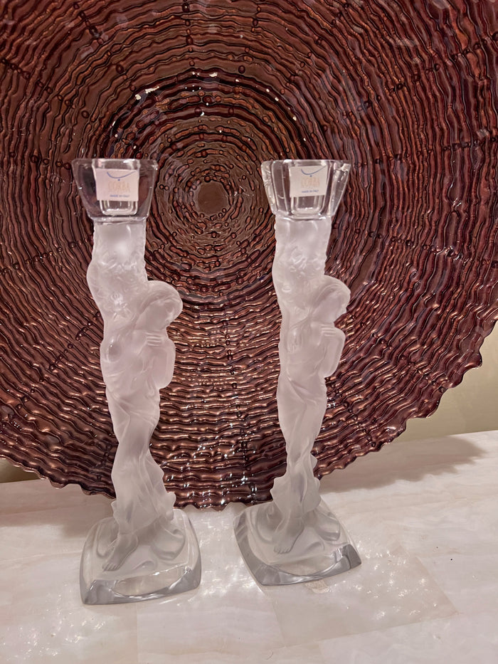 Pair of Corba Italy Frosted Glass Candlesticks