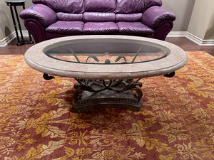 Faux Marble Oval Coffee Table with Glass Insert