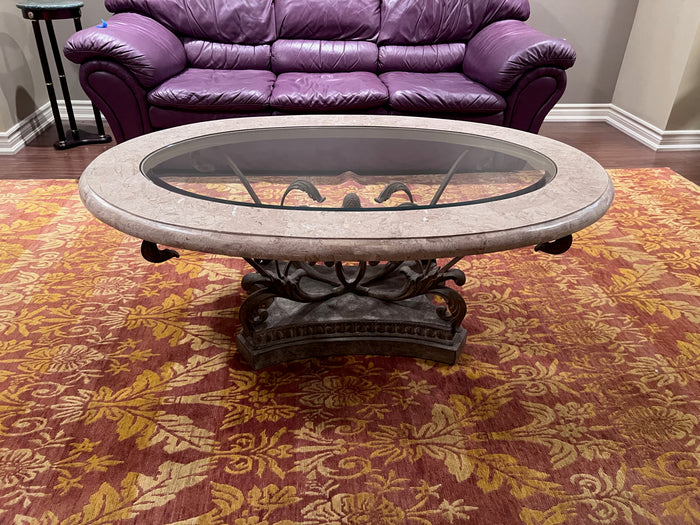 Faux Marble Oval Coffee Table with Glass Insert