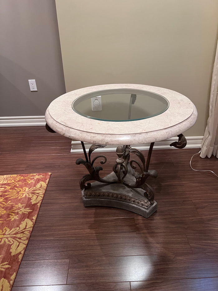 Pair of Faux Marble Round Side Tables with Glass Insert