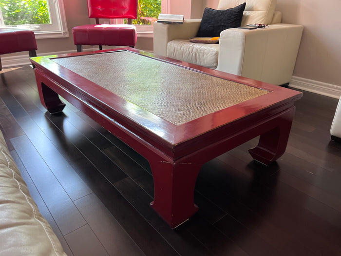 Oriental Red Coffee Table, with Woven Rattan Top