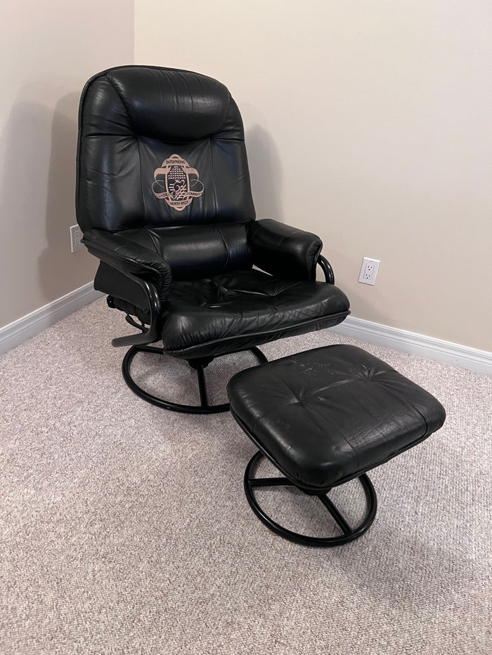 Palliser Black Leather Chair + Footstool, Branded