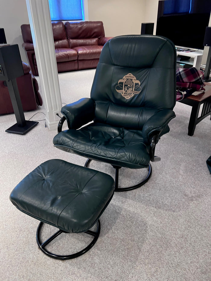 Palliser Green Leather Chair + Footstool, Branded