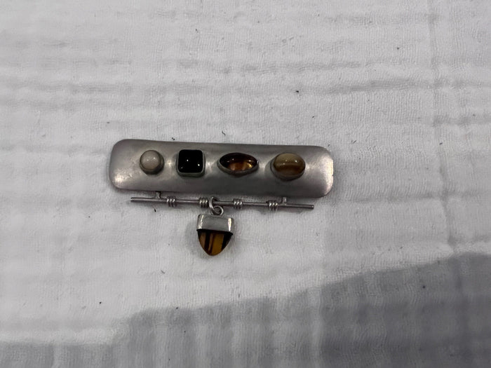 Juventino Lopez Reyes Sterling Silver Brooch Pin (white opal, onyx, tigers eye, butterscotch amber)