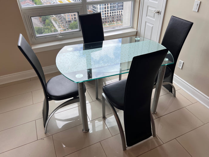 Glass Dinette Table + 4 Black Faux Leather Chairs