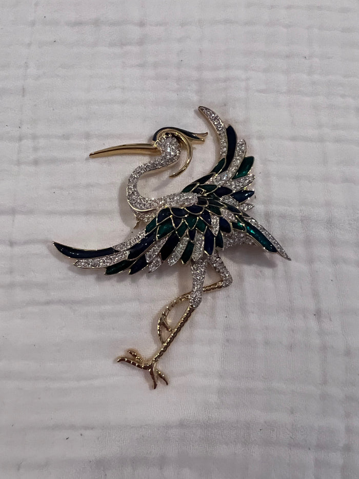VINTAGE D'ORLAN GOLD TONED RHINESTONE Flamingo BROOCH