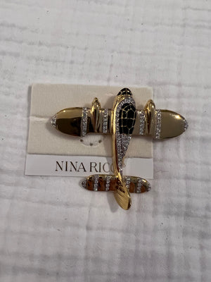 Nina Ricci GOLD TONED RHINESTONE Airplane Brooch