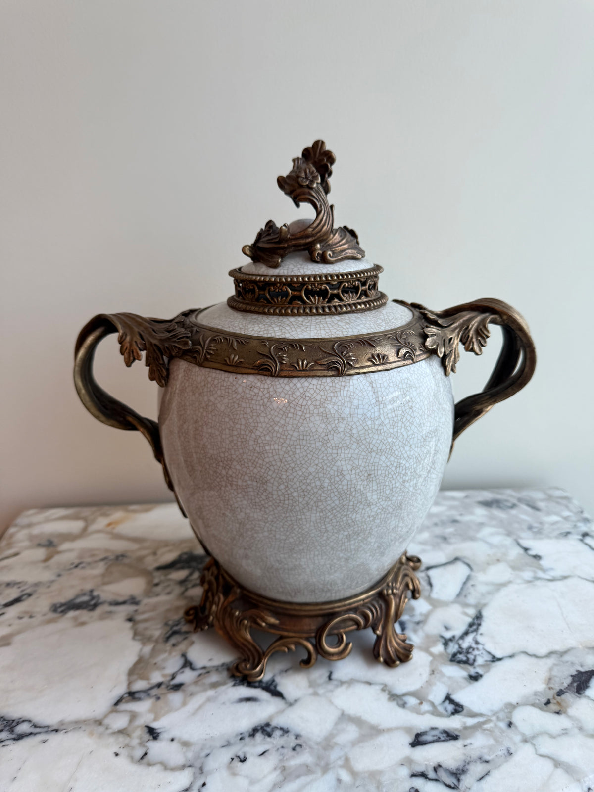 Vintage United Wilson Company Porcelain Covered Urn with Ornate Metal Mounts- 14.5"h