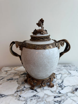 Vintage United Wilson Company Porcelain Covered Urn with Ornate Metal Mounts- 14.5"h