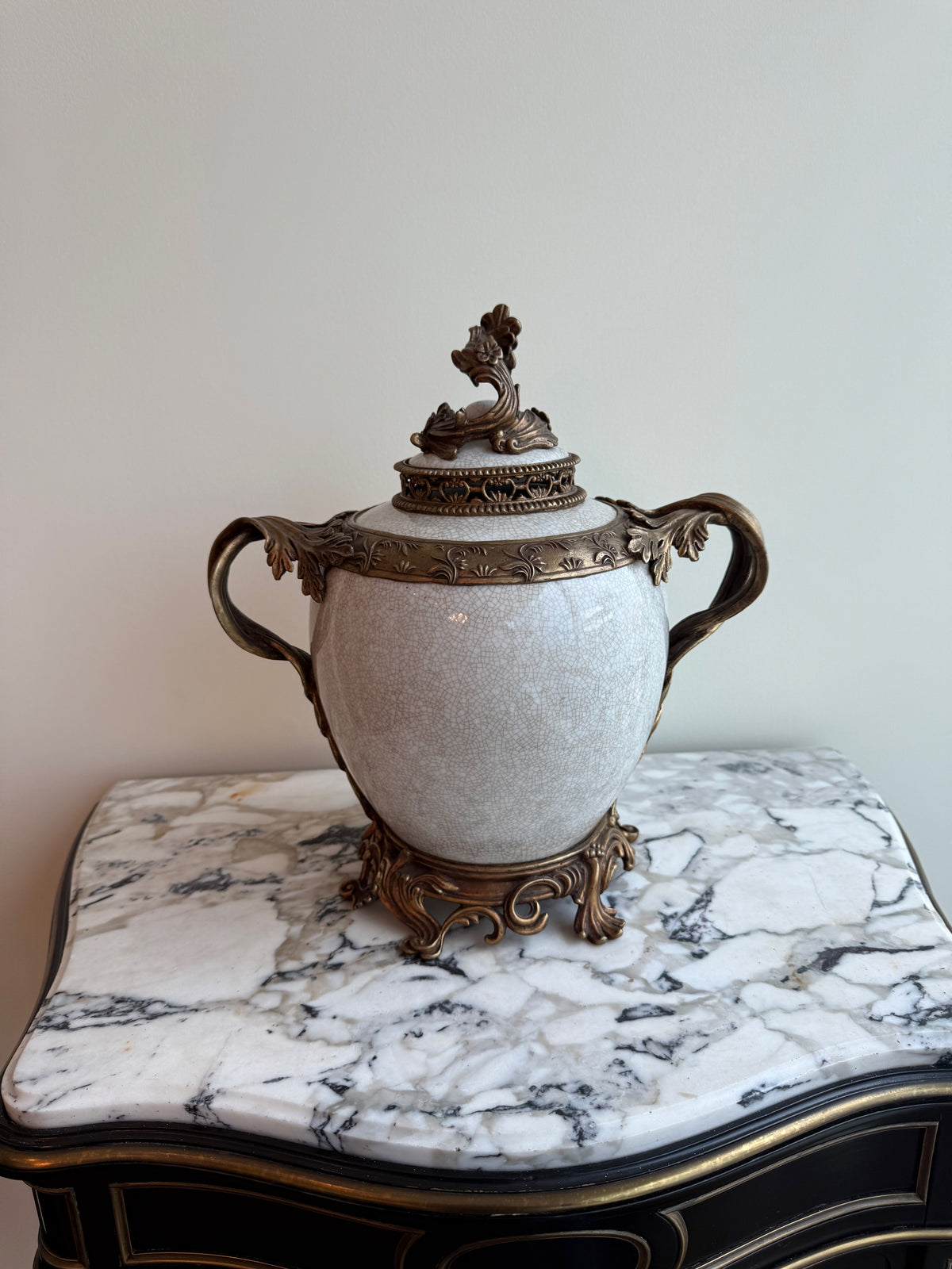 Vintage United Wilson Company Porcelain Covered Urn with Ornate Metal Mounts- 14.5"h