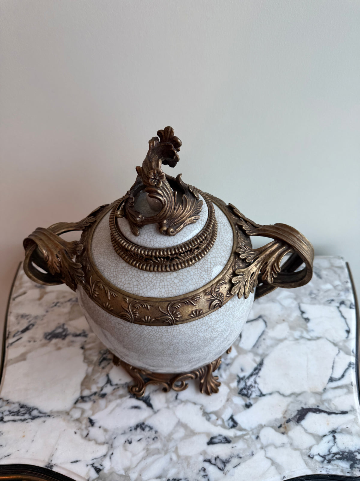 Vintage United Wilson Company Porcelain Covered Urn with Ornate Metal Mounts- 14.5"h
