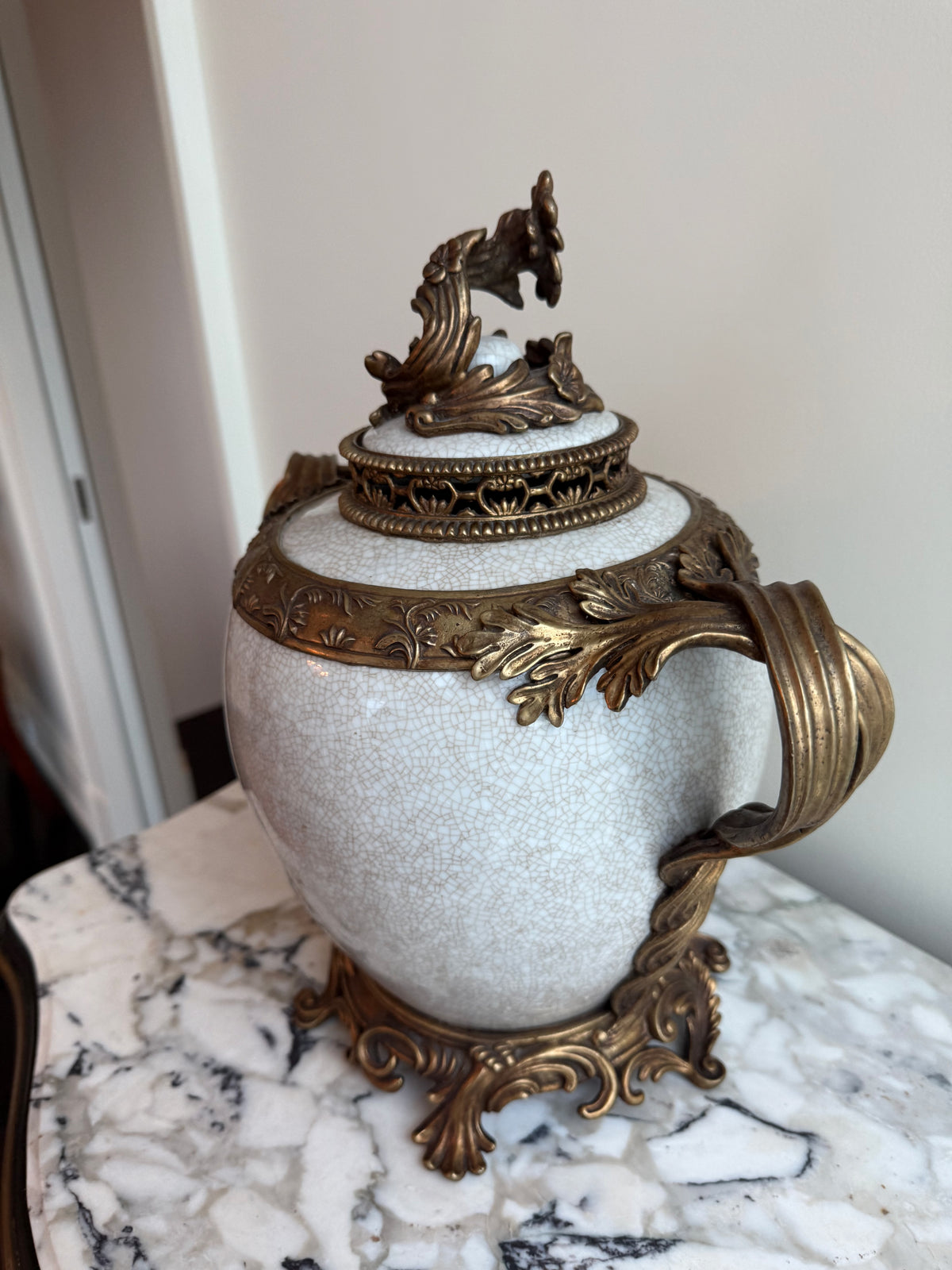 Vintage United Wilson Company Porcelain Covered Urn with Ornate Metal Mounts- 14.5"h