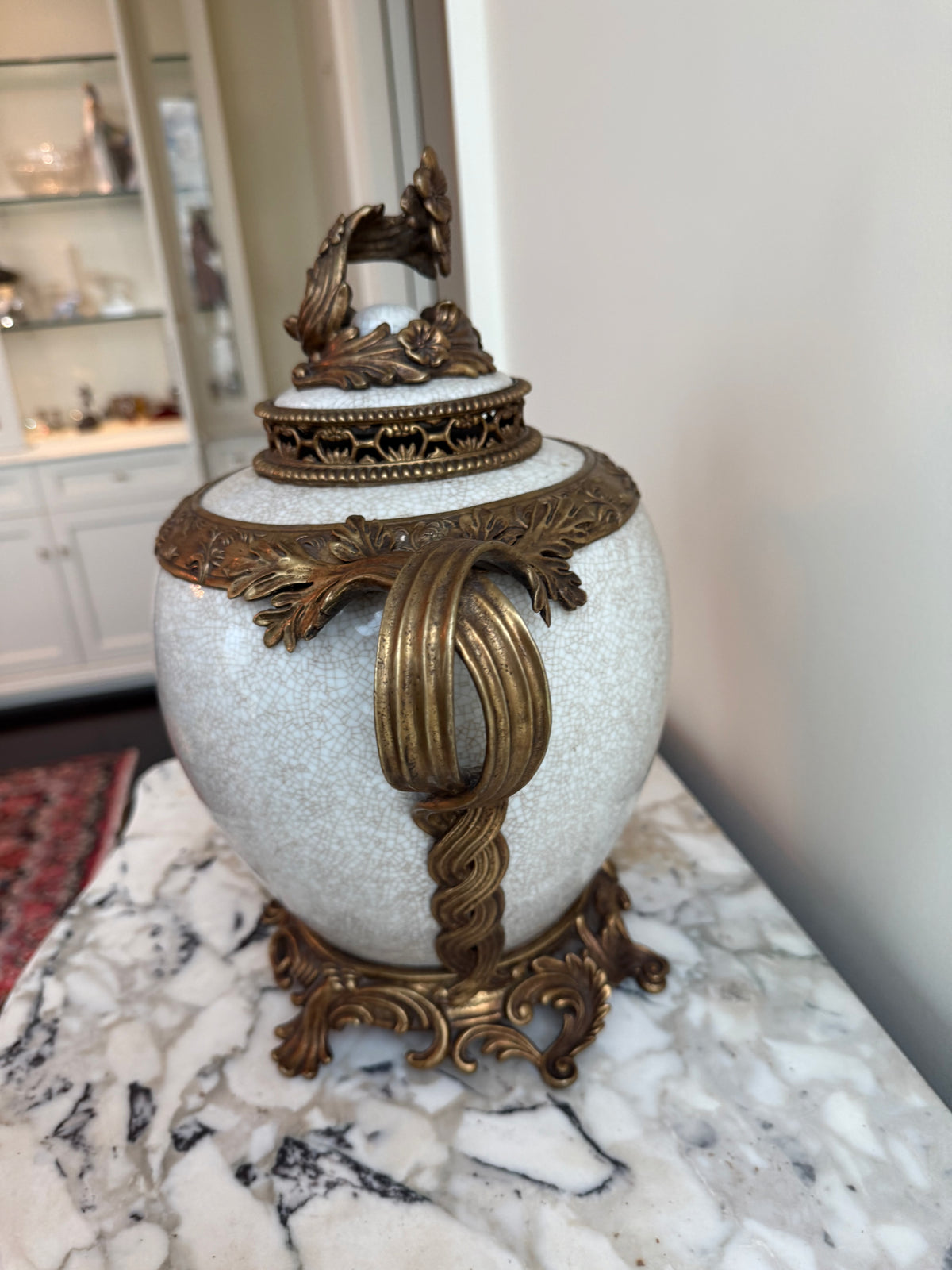 Vintage United Wilson Company Porcelain Covered Urn with Ornate Metal Mounts- 14.5"h