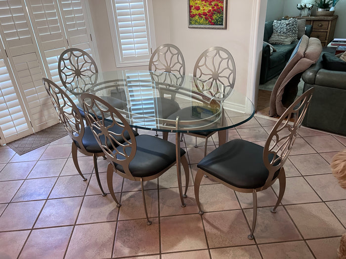 Oval Glass Top Dining Table + 6 Chairs w/Black Leather Seats