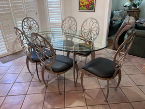 Oval Glass Top Dining Table + 6 Chairs w/Black Leather Seats