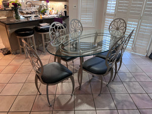 Oval Glass Top Dining Table + 6 Chairs w/Black Leather Seats