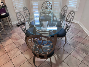Oval Glass Top Dining Table + 6 Chairs w/Black Leather Seats