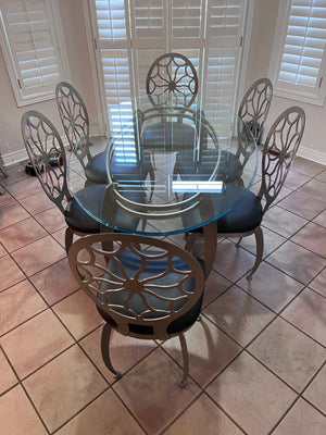 Oval Glass Top Dining Table + 6 Chairs w/Black Leather Seats