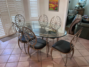 Oval Glass Top Dining Table + 6 Chairs w/Black Leather Seats