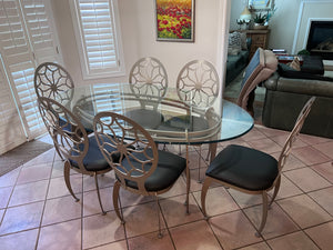 Oval Glass Top Dining Table + 6 Chairs w/Black Leather Seats