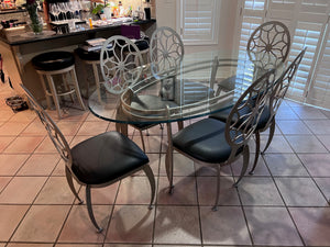 Oval Glass Top Dining Table + 6 Chairs w/Black Leather Seats